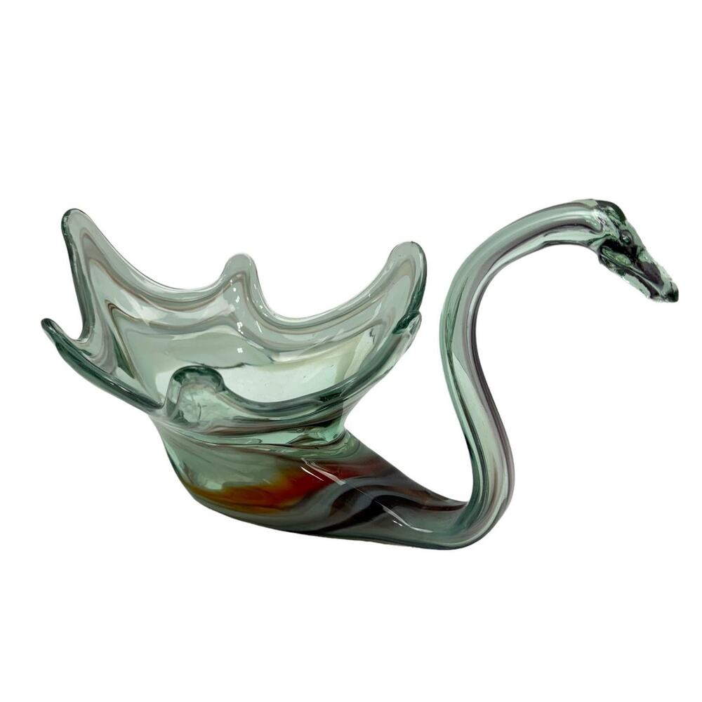 Vintage MCM Sooner Glass Blown Swirl Purple Orange White Swan Bowl Mid Century
